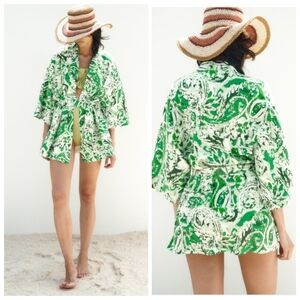 New Zara Printed Linen Blend Belted Green/White Short Kimono Open Front Jacket